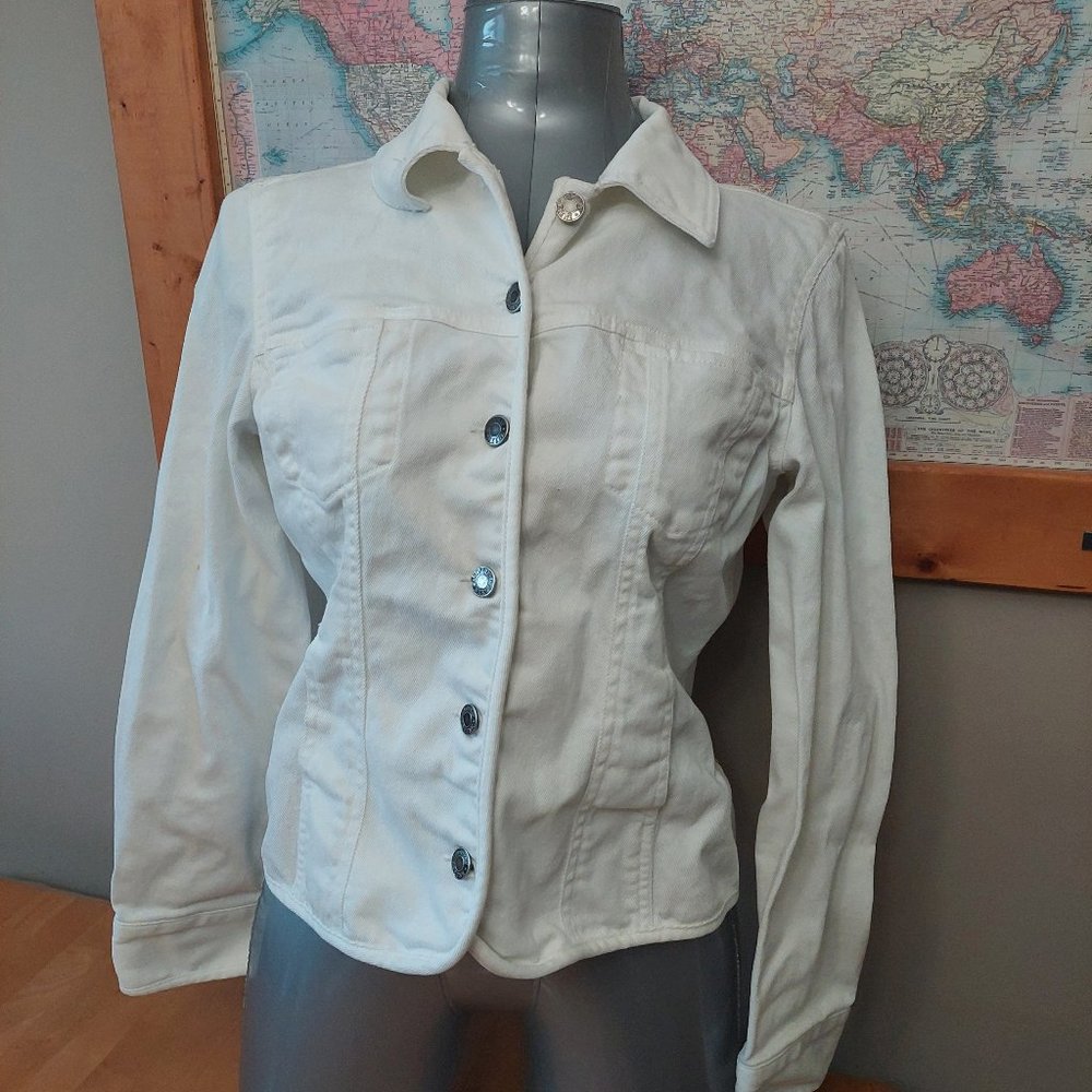 Geoffrey Beene Sport White Stretch Structured Jean Jacket Women's Size L